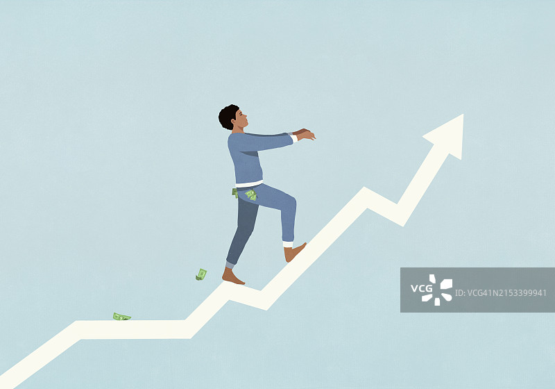 钱从穿着睡衣的男人口袋里掉出来，梦游着走上向上的箭头图片素材