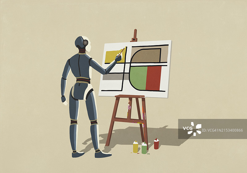 机器人于画架上绘制抽象艺术图片素材