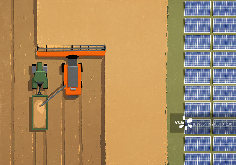 联合收割机在农场太阳能电池板旁收割小麦作物航拍图片素材