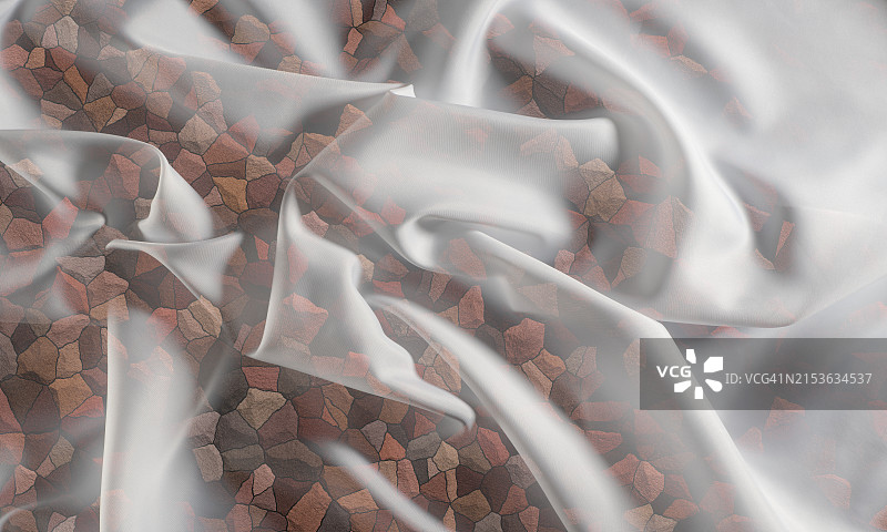 彩色马赛克石背景上的透明白色丝绸面料抽象背景图片素材