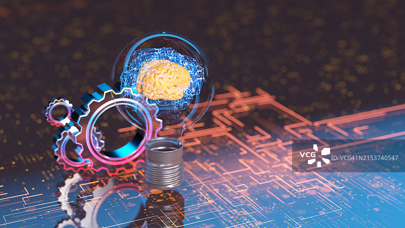 带有大脑的灯泡，人工智能创意开发概念图片素材