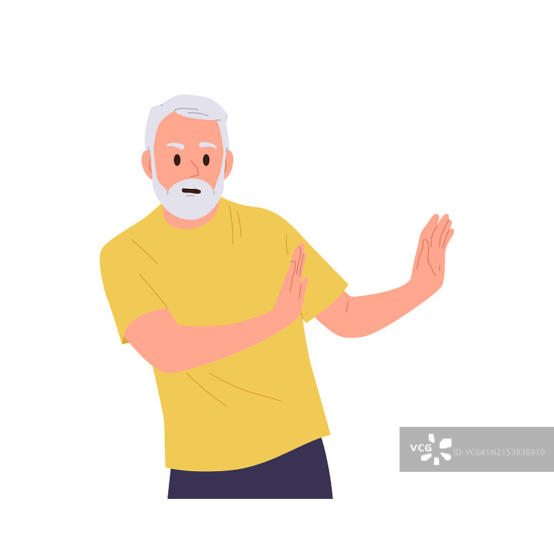 感到威胁并用手臂隔开的受惊的老年男人卡通角色矢量图图片素材