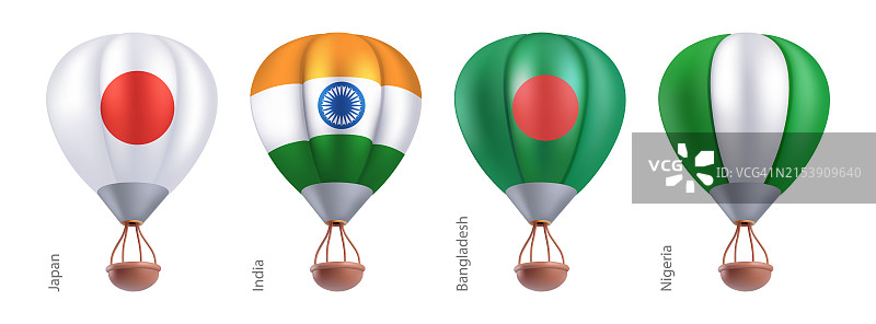 带有日本、印度、孟加拉国、尼日利亚国旗的热气球图片素材