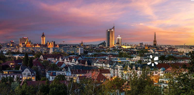 莱比锡天际线日落全景（萨克森，德国）图片素材