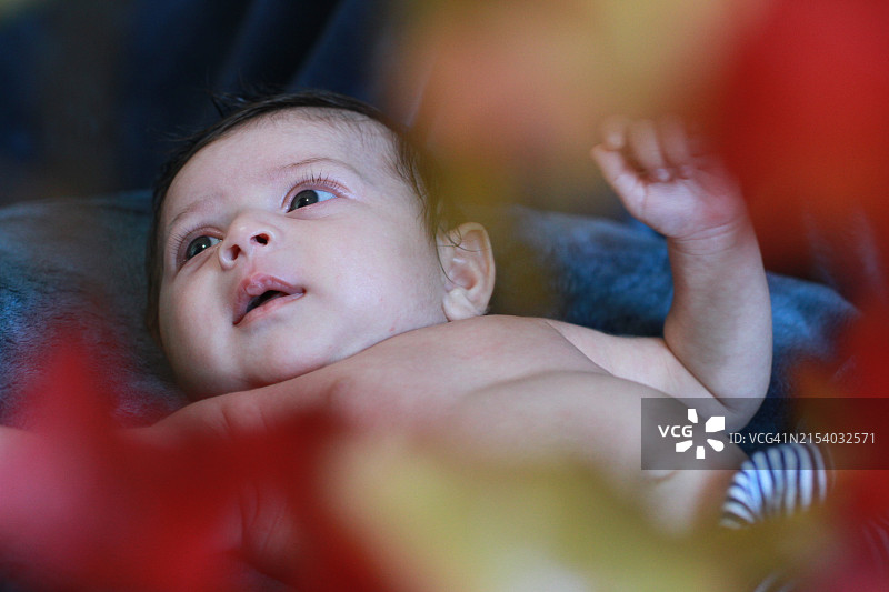 躺在床上的可爱男婴特写图片素材