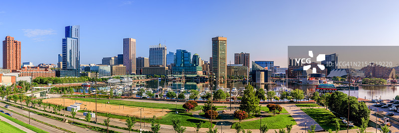 巴尔的摩港口晨曦全景，美国马里兰州图片素材