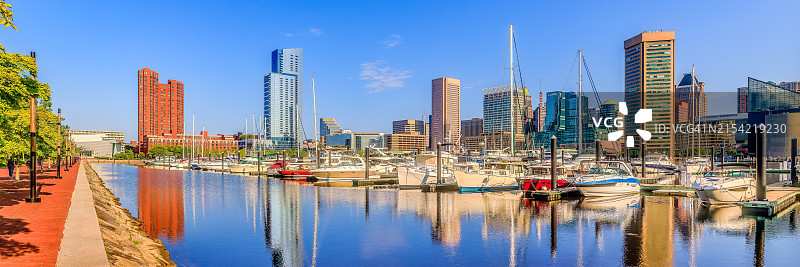 巴尔的摩港口晨曦全景，美国马里兰州图片素材