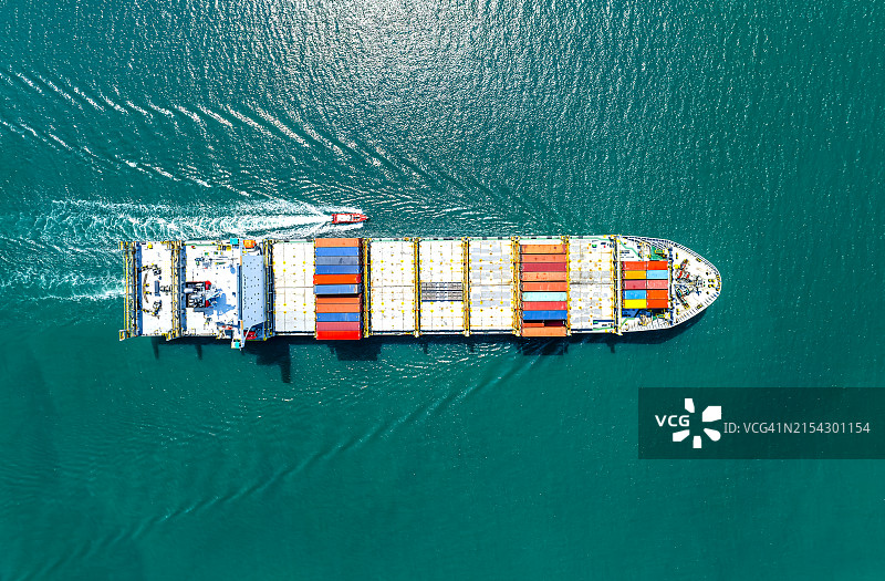 深海高速行驶的集装箱船鸟瞰图，全球商业进出口和全球运输物流图片素材