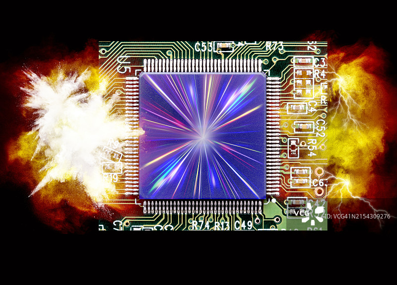 因人工智能能量过剩而爆炸的电子芯片元件图片素材