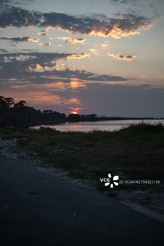 日落时分，美国阿拉巴马州墨西哥湾沿岸的海滩景色图片素材