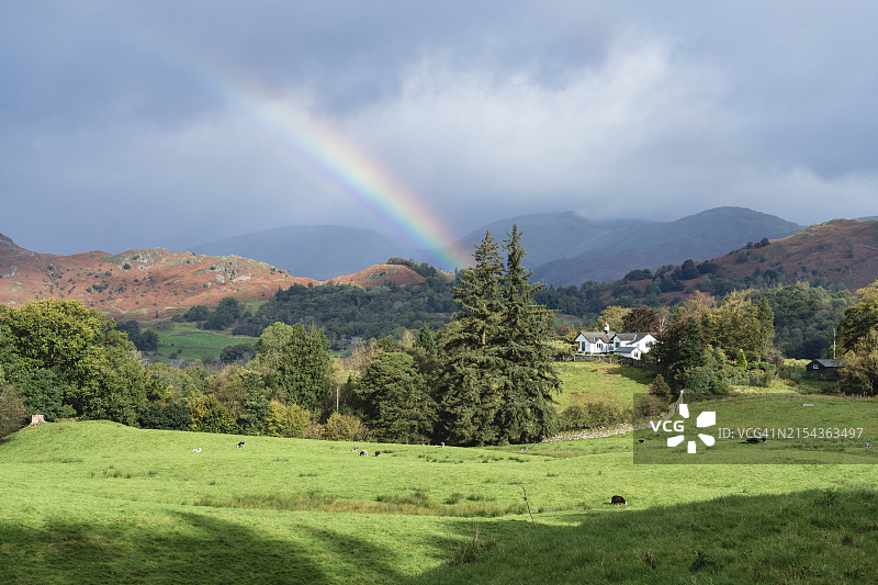 坎布里亚郡湖区埃尔特湖的彩虹与阵雨图片素材