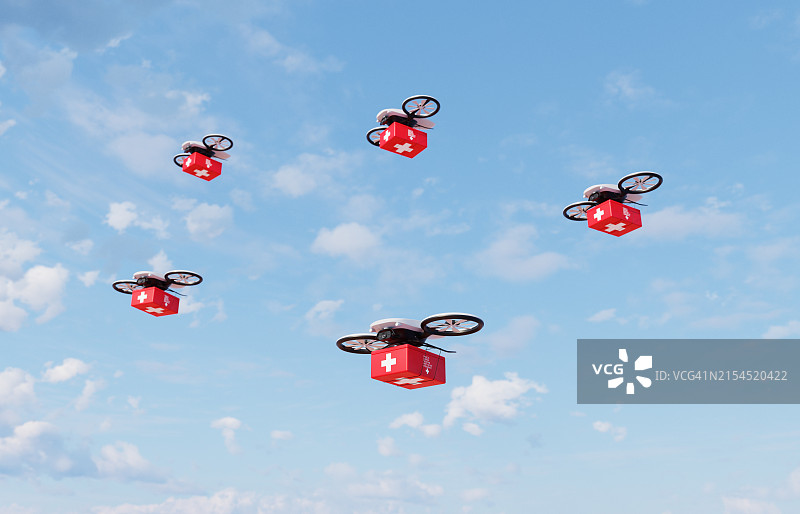 携带医疗箱的五架无人机图片素材