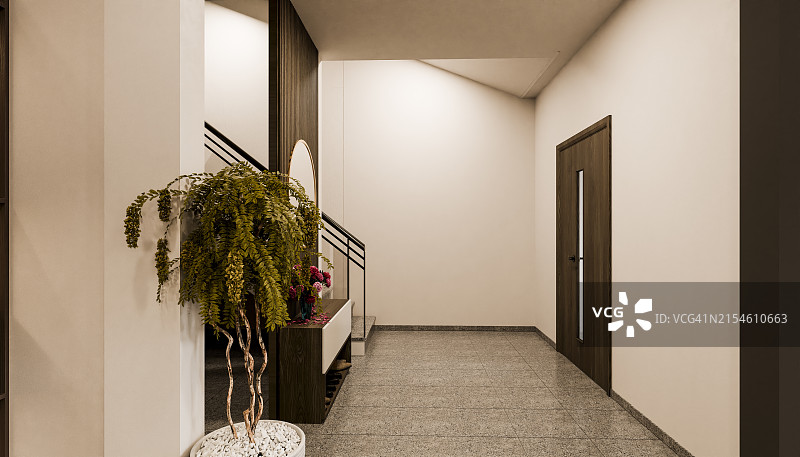 走廊楼梯口的架子植物（数字渲染图，侧视图）图片素材