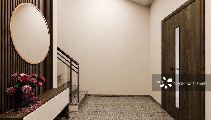 公寓楼梯的侧视图，门已关闭，旁边有一些花图片素材
