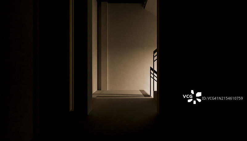数字图像中公寓内部黑暗楼梯的侧面照，周围没有人图片素材