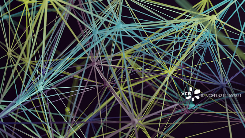 彩色线条的抽象网络：蓝色、绿色和黄色互连线条的复杂网络，深色背景图片素材