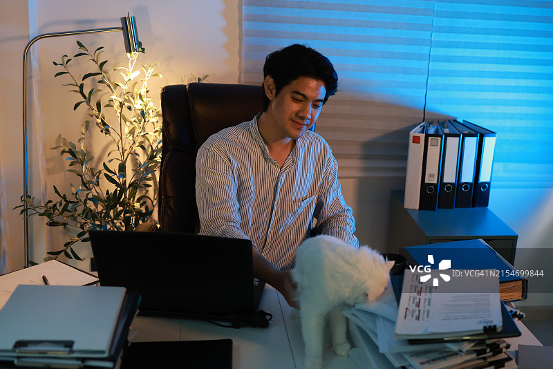 年轻男人经常在办公室熬夜工作，为了保持清醒和高效，他们会啜饮茶或咖啡，晚上在堆满文件和笔记本电脑的桌子上和可爱的白猫一起放松图片素材