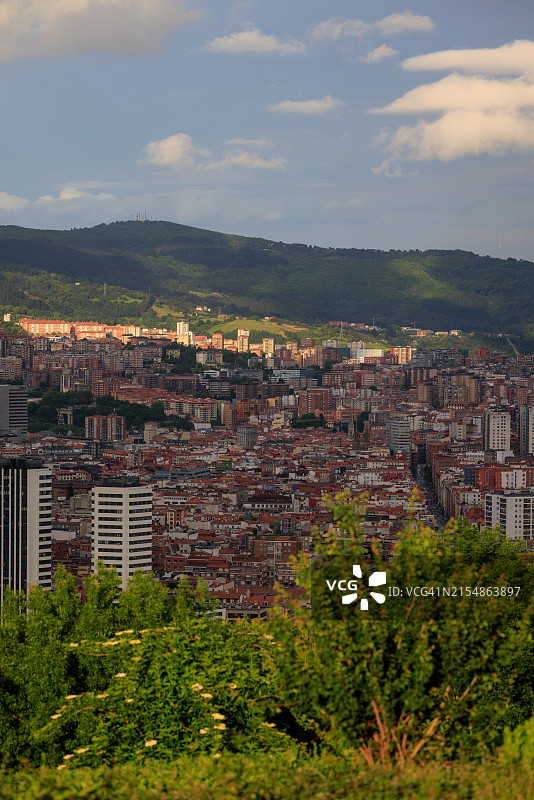 带有翠绿前景和山丘的现代毕尔巴鄂城市景观图片素材