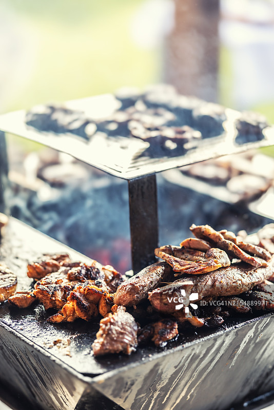 花园烤架上不同类型的烤肉图片素材