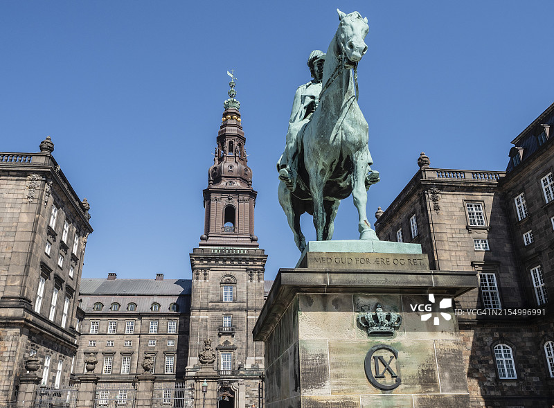 克里斯蒂安堡宫，丹麦议会所在地，有弗雷德里克七世国王的雕像，哥本哈根，丹麦，斯堪的纳维亚，欧洲图片素材