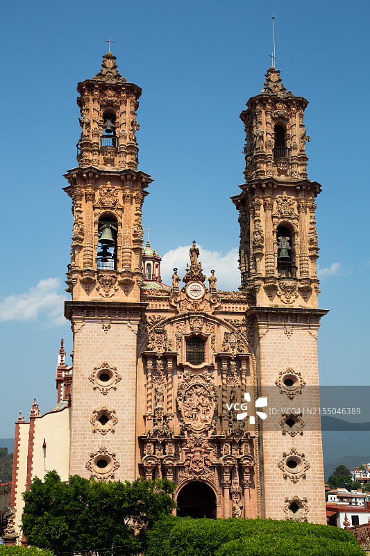 丘里格拉风格塔楼，圣普里斯卡德塔斯科教堂，始建于1751年，联合国教科文组织世界遗产，墨西哥格雷罗州塔斯科，北美洲图片素材