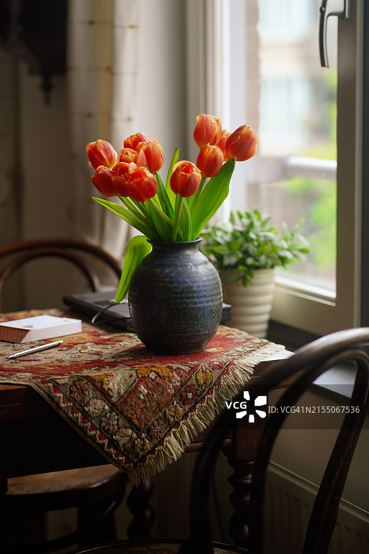 桌子上花瓶里的花朵特写，荷兰阿姆斯特丹图片素材