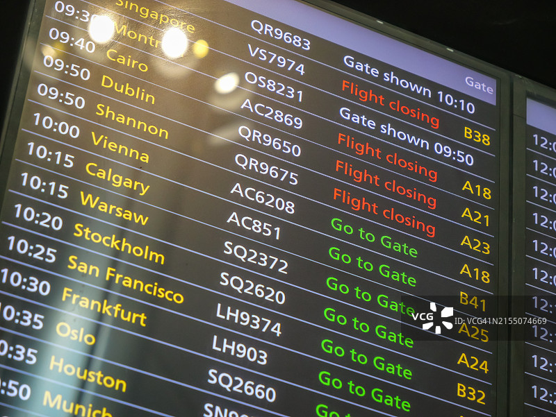 德国法兰克福机场的航班信息显示屏特写图片素材