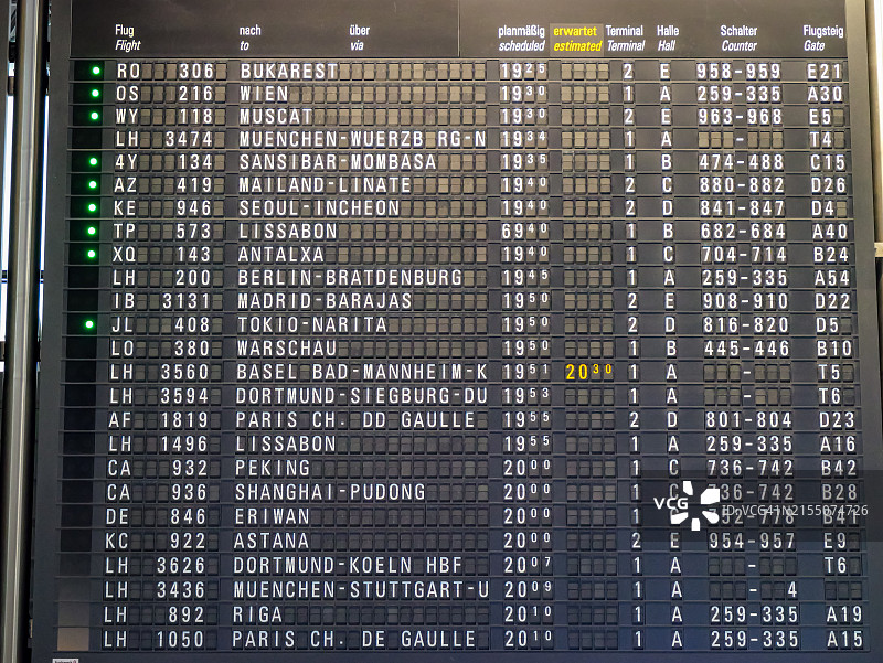 德国法兰克福机场的航班信息显示屏特写图片素材