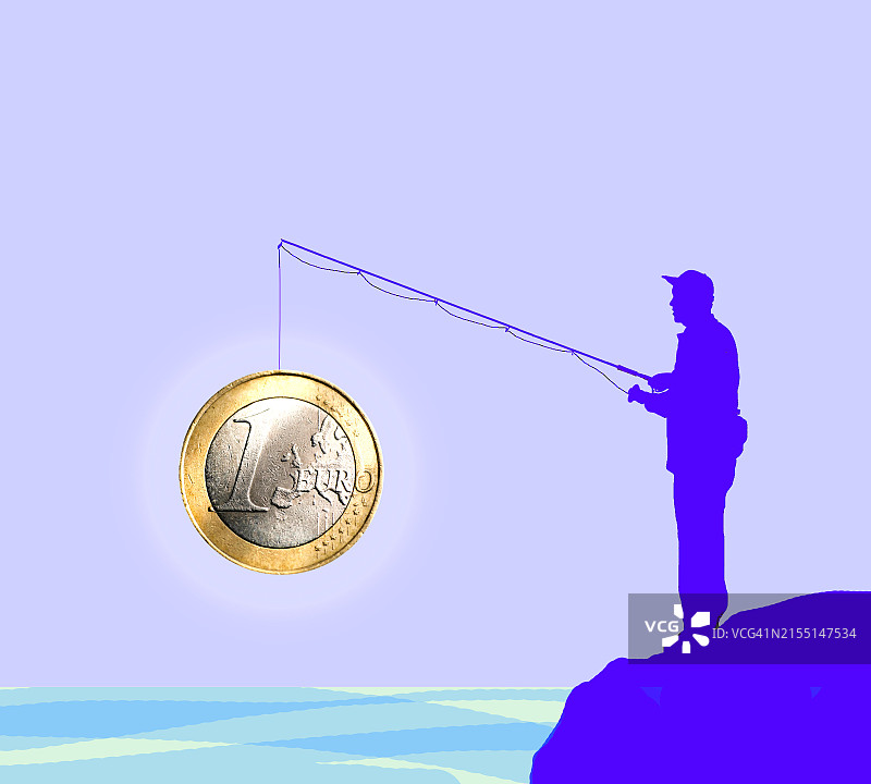 渔民用钓鱼竿钓取一枚欧元硬币图片素材