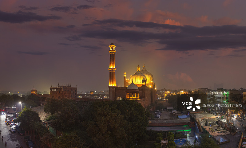 黄昏时分的贾玛清真寺，印度旧德里图片素材