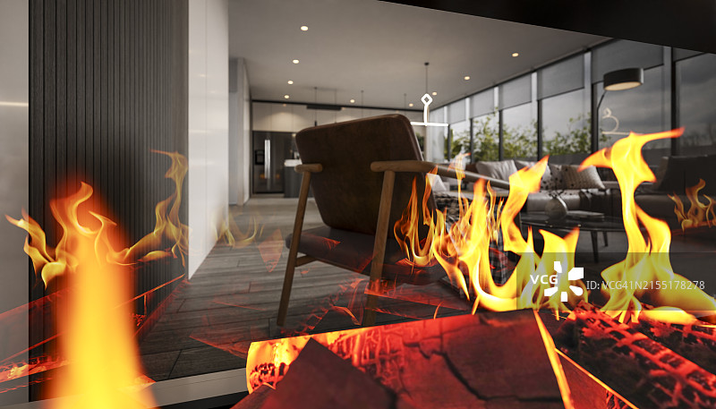 壁炉木柴火焰特写及后方椅子图片素材