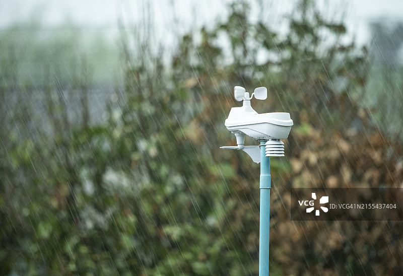 气象站：暴雨和大风吹袭下的树木，极端气候概念图片素材