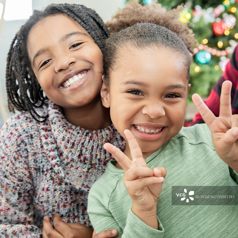 小学生姐妹在圣诞树旁互赠礼物，欢庆圣诞图片素材
