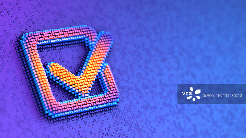 未来主义蓝色像素化背景上的对勾符号，批准投票标志3D图图片素材