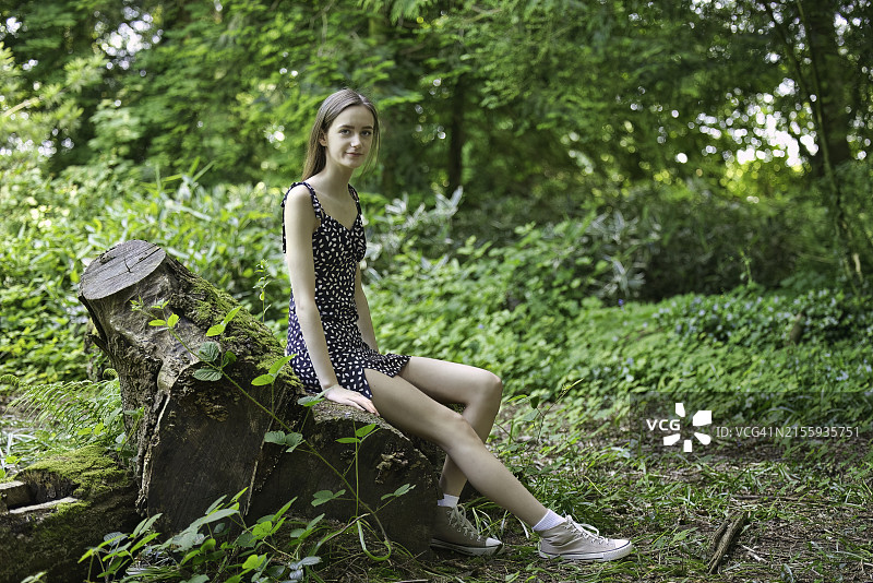 在树林中休息的长腿少女图片素材