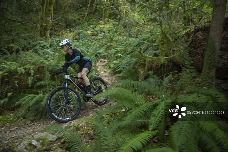 一位健美女性在不列颠哥伦比亚省北温哥华茂盛的绿色温带森林中骑着电动山地自行车图片素材
