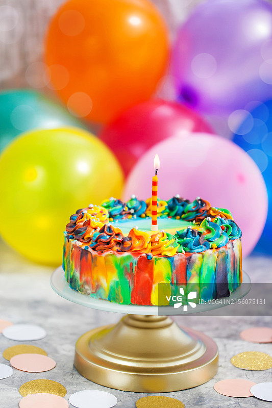 自制彩色彩虹生日蛋糕和气球背景图片素材