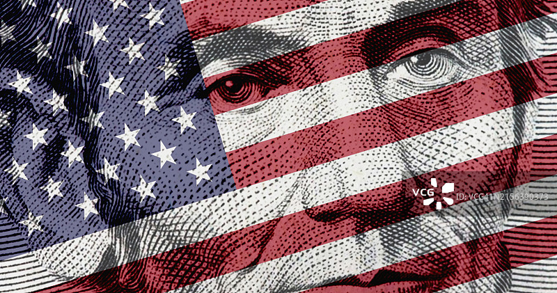 五美元纸币上的亚伯拉罕·林肯肖像与美国国旗图片素材