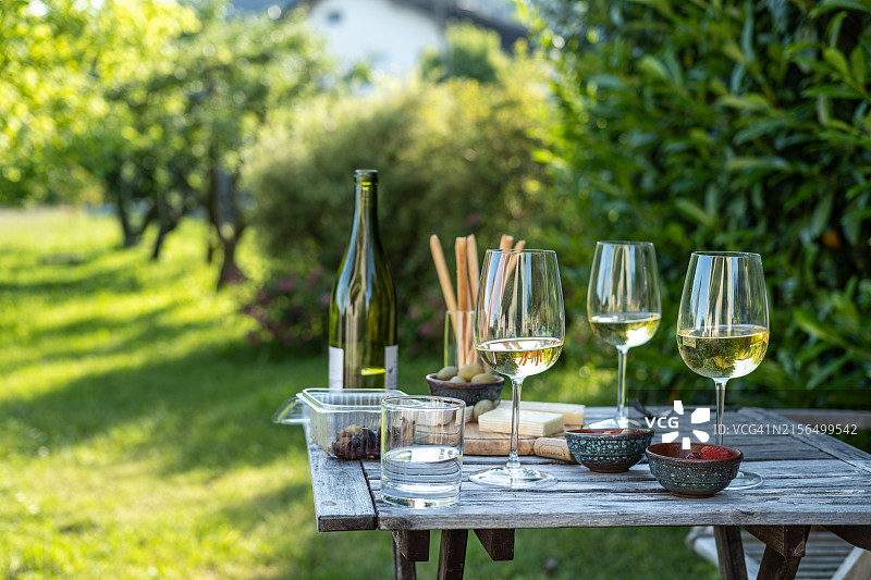 花园桌上的白葡萄酒杯图片素材