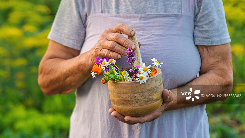 男子手捧容器鲜花的腰部特写图片素材