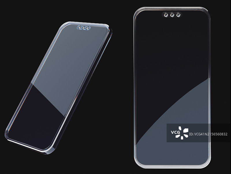 黑色背景上的现代透明无框智能手机模型，屏幕带有反射图片素材