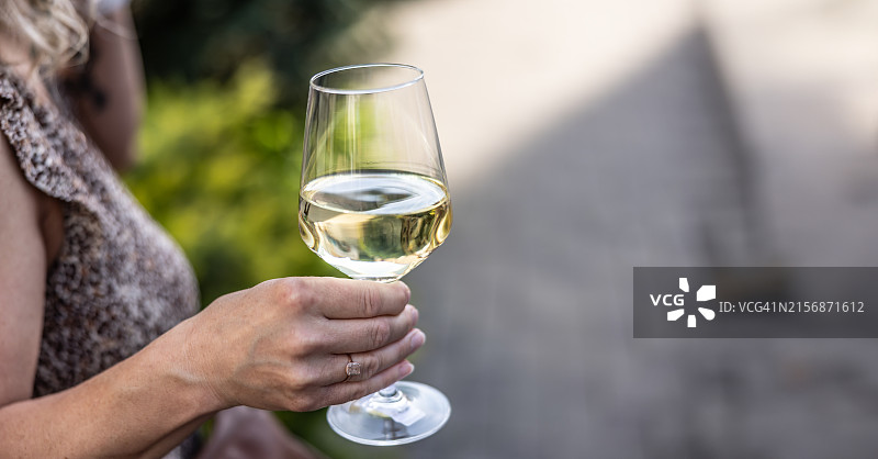 女人在品酒会上端着一杯普罗塞克葡萄酒图片素材