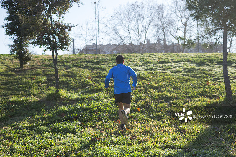 一名跑步者在公园慢跑的背影，身穿蓝色衬衫图片素材