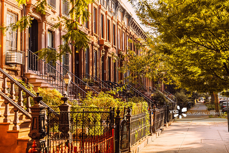 美国纽约市布鲁克林秋日褐石建筑街道图片素材