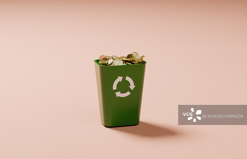 装满美元硬币的回收箱图片素材