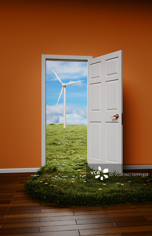 通往绿色草地与清洁能源的门廊图片素材