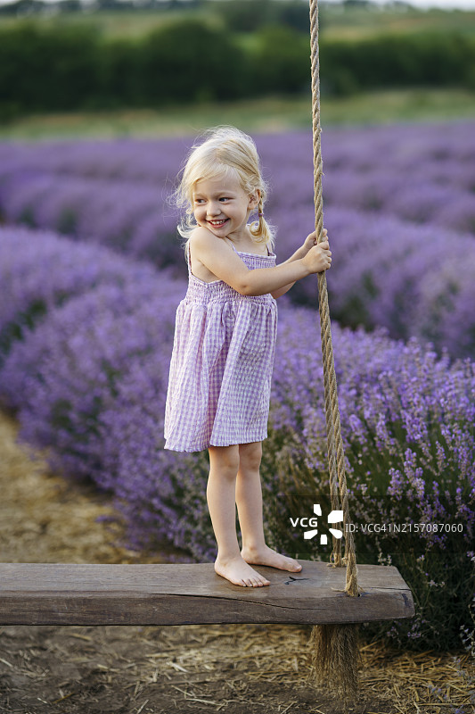 快乐女孩薰衣草田中荡秋千图片素材