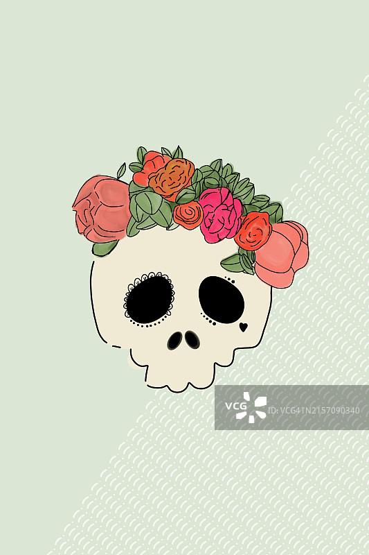 骷髅头戴鲜花亡灵节插画图片素材