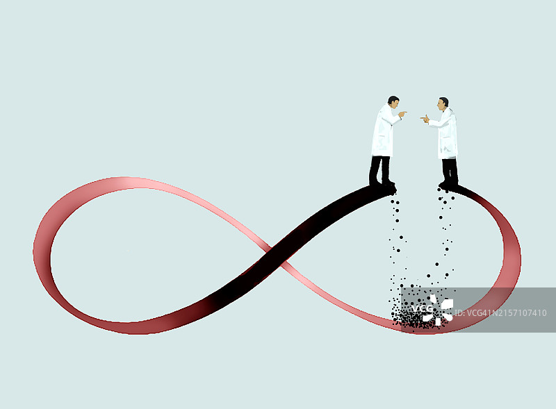 科学家争论蓝色背景上的崩塌的永恒符号图片素材