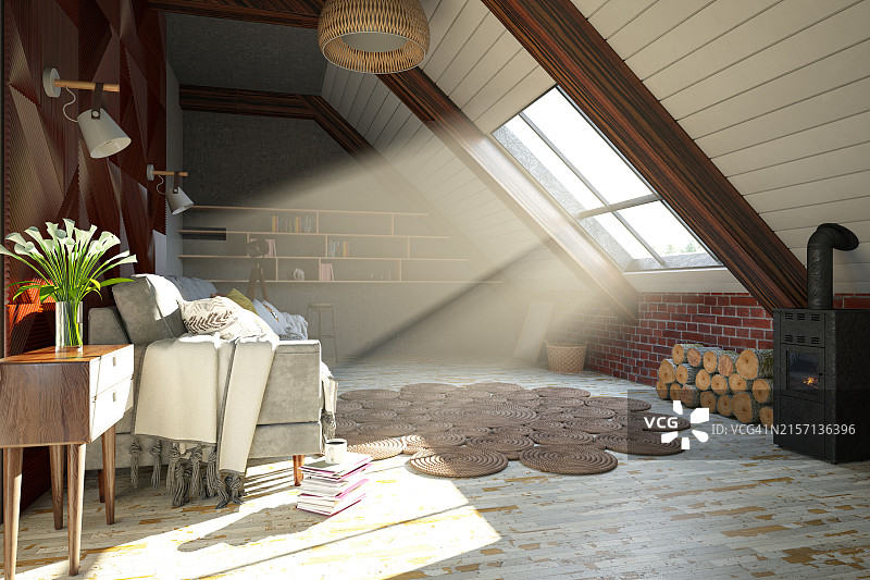 带有光束的斯堪的纳维亚风格阁楼卧室内饰图片素材